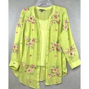 Figueroa & Flower Button Front Embroidered Floral Tunic Top Lime Womens 1X